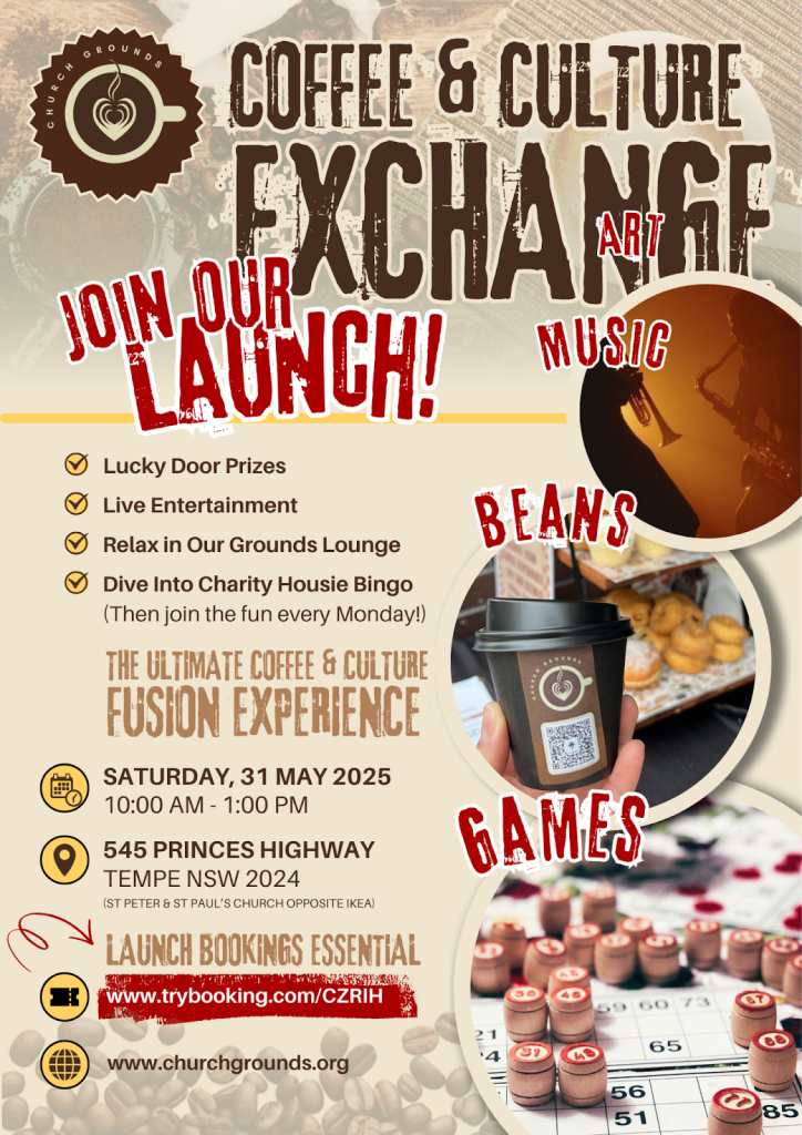 April 7, 2025 New Community Pop-Up Combats Food Waste and Builds Cultural Connections A new grassroots initiative, The Coffee & Culture Exchange, is set to launch on Saturday, 31 May 2025, bringing together coffee, culture, and community in a unique and meaningful way. Held monthly, this pop-up event will serve freshly brewed coffee alongside delicious baked goods made from rescued surplus generously donated by local bakeries—helping reduce food waste while creating an inclusive space for connection. Each event will showcase local artists, cultural performances, and storytelling sessions, with a strong focus on celebrating Indigenous culture, especially during NAIDOC Week. The initiative also supports mental health and well-being by offering a welcoming environment where people can gather, share, and feel a sense of belonging. With comfortable indoor and outdoor spaces, The Coffee & Culture Exchange invites everyone to come together, enjoy great food and coffee, and celebrate the richness of local talent and culture. Organisers are currently seeking volunteers, local bakers, and artists to join the team and help bring this vision to life. For more information or to get involved, contact contact Church Grounds on (02) 8553 0299.